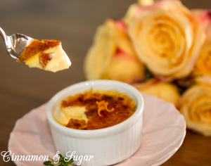 This Orange Cinnamon Crème Brûlée recipe steeps cinnamon, thyme and orange peel in a custard base to add a complex subtlety to this decadently creamy dessert that is crowned with a crunchy bittersweet layer of yumminess. Recipe shared with permission granted by Leslie Budewitz, author of GUILTY AS CINNAMON.