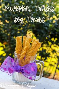 Pumpkin Twists Dog Treats are healthy treats for your furry friend uses whole grain flours and nourishing pumpkin with a dash of warming cinnamon. Your pets will thank you! Recipe shared with permission granted by Liz Mugavero, author of MURDER MOST FINICKY, and provided by The Big Biscuit.