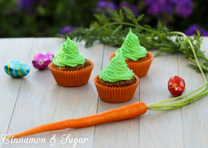 Carrot Lane Cupcakes are stuffed full of yummy goodies: healthy carrots, buttery pecans, plump golden raisins, tropical sweet coconut, and then topped with rich, cream cheese frosting. Perfect for Easter and Spring celebrations! 