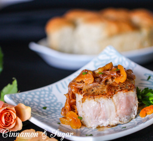 Seared Pork Chops with Apricot Brandy Sauce: succulent, flavorful pork served with an elegant jewel-toned pan sauce -- company worthy without being time consuming! Recipe shared with permission granted by Leslie Karst, author of DYING FOR A TASTE. 