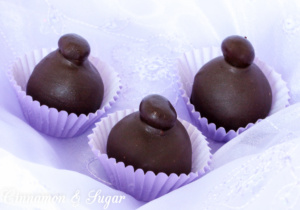 Deep, dark chocolate infused with espresso powder, then topped with a chocolate covered espresso bean, Mocha Truffles give you an incredible jolt of flavor! Recipe shared with permission granted by Kathy Aarons, author of TRUFFLED TO DEATH.