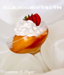 Fresh summer peaches are poached in white wine scented with honey, lemon, and vanilla. Tangy whipped sour cream provides richness to tantalize your taste buds.