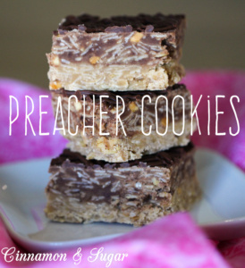 Preacher Cookies are no-bake bar cookies with layers of peanut butter & chocolate then topped with chocolate drizzle. Quick to mix up using pantry staples. 