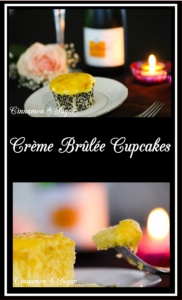 Crème Brûlée Cupcakes are vanilla cupcakes topped with a rich pastry cream that is caramelized with a kitchen torch, producing a sugary crunchy topping.