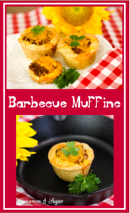 Barbecue Muffins are flaky homemade biscuits formed into hand-held muffins and stuffed with tangy barbecue meat then topped with flavorful cheddar cheese.