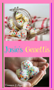 Josie's Genettis are soft, cake-like traditional Italian cookies formed into a beehive shape then brushed with sweet frosting and sprinkled with nonpareils.