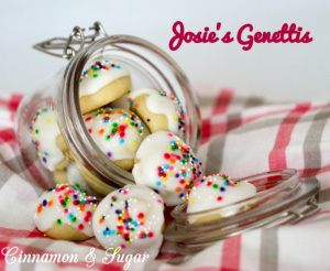 Josie's Genettis are soft, cake-like traditional Italian cookies formed into a beehive shape then brushed with sweet frosting and sprinkled with nonpareils.