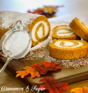 Pumpkin Roll Cake combines a thin layer of spiced pumpkin cake with creamy, tangy cream cheese rolled inside. Delicious and picture perfect presentation!