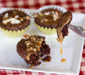 Caramel Pecan Brownies are decadently rich chocolate batter baked in mini muffin cups then topped with a simple caramel sauce and buttery, crunchy pecans. 