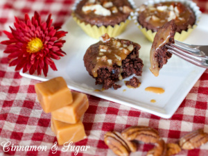 Caramel Pecan Brownies are decadently rich chocolate batter baked in mini muffin cups then topped with a simple caramel sauce and buttery, crunchy pecans.