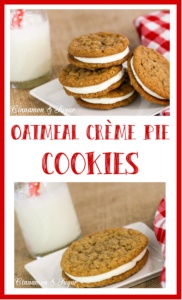 Oatmeal Crème Pie Cookies have creamy marshmallow filling sandwiched between soft & chewy lightly spiced oatmeal cookies. Perfect with a cold glass of milk!