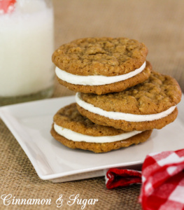 Oatmeal Crème Pie Cookies have creamy marshmallow filling sandwiched between soft & chewy lightly spiced oatmeal cookies. Perfect with a cold glass of milk!
