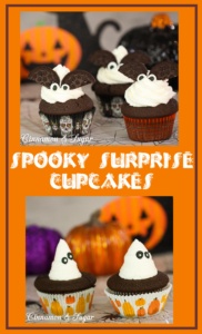 Spooky Surprise Cupcakes are delicious chocolate cupcakes encasing a gooey chocolate chip cookie dough center and topped by fluffy vanilla buttercream!