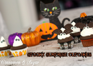 Spooky Surprise Cupcakes are delicious chocolate cupcakes encasing a gooey chocolate chip cookie dough center and topped by fluffy vanilla buttercream!