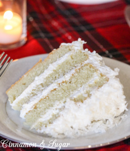 Bella's Old-Fashioned Coconut Cake uses natural coconut milk, coconut oil, and flake coconut for flavor and richness instead of artificial extracts.