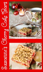 Suzanne's Cherry Cake Bars are part cake, part cookie & super easy to make starting with a boxed cake mix. Cherry pie filling adds colorful holiday cheer!