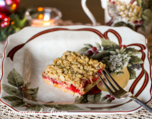 Suzanne's Cherry Cake Bars are part cake, part cookie & super easy to make starting with a boxed cake mix. Cherry pie filling adds colorful holiday cheer!