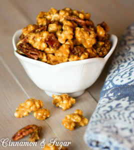 An addictive snack, Bacon Pecan Popcorn combines salty bacon with buttery pecans and crunchy popcorn and drenched with a praline style caramel sauce. 