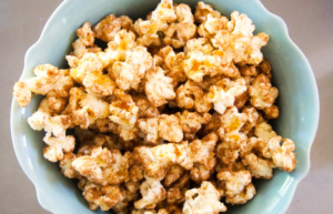A quartet of gourmet popcorn include delicious recipes for Bacon Teriyaki, Cake Batter, Cinnamon Roll, and Scotcheroos. Easy and yummy treats!