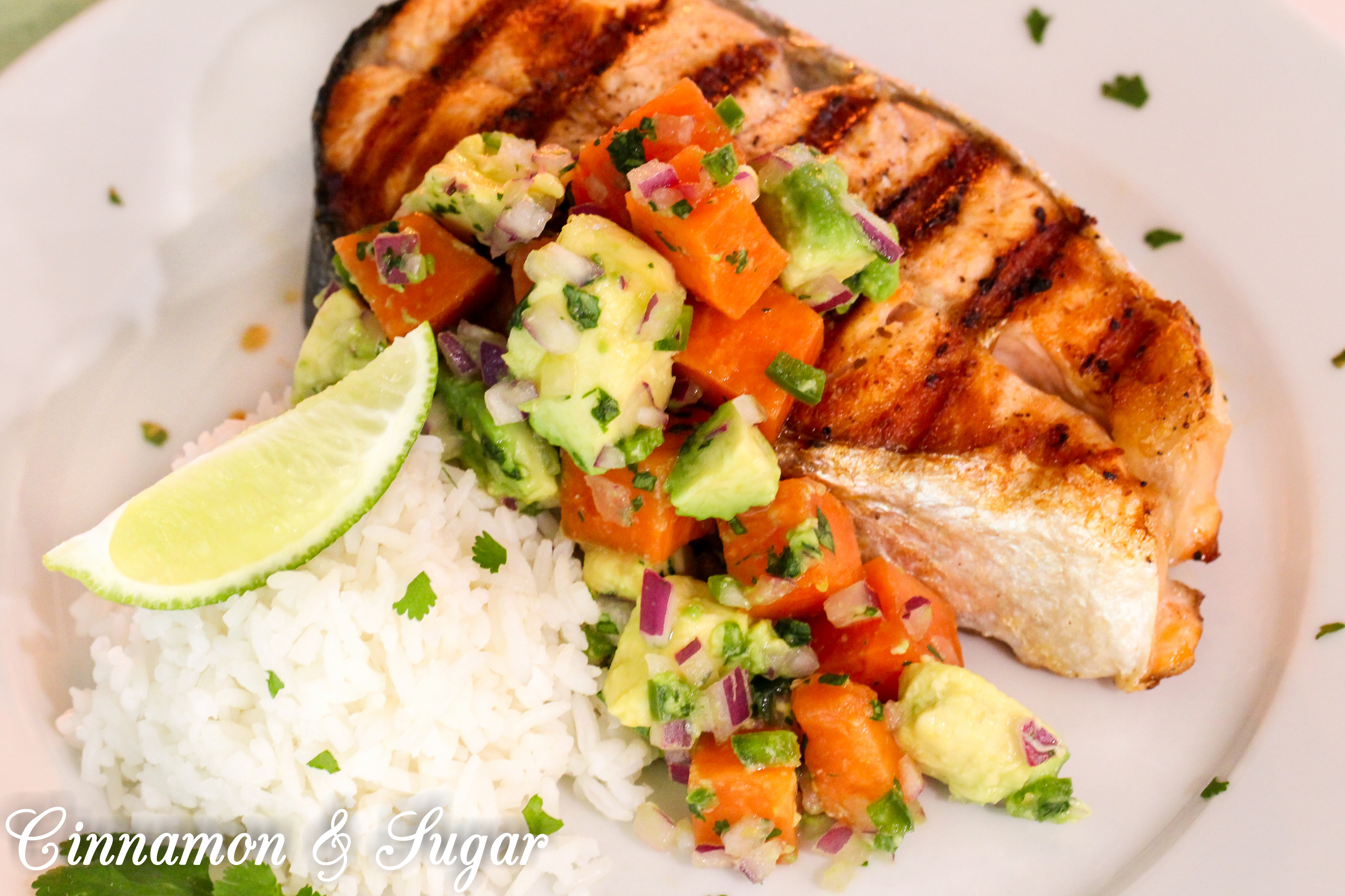 Grilled Salmon with Papaya and Avocado Pico de Gallo