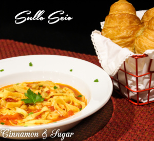 Sullo Scio is a soup from the Pisa, Italy region. Simple ingredients like garlic, rosemary, tomatoes, chick peas, and pasta combine for a satisfying dish. 