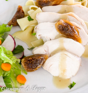 Chicken Gabriella is an elegant dish! Braised chicken in Armagnac and Pinot Grigio produces succulent meat that is flavored with plump figs and garlic.