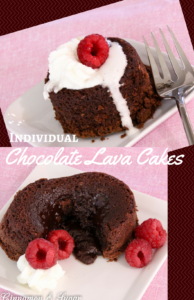 Decadent chocolate truffles create a delectable center for mini Chocolate Lava Cakes. Served with whipped cream these are an elegant addition to any dinner.