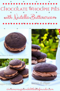 Chocolate Whoopie Pies w/ Nutella Buttercream Filling are part cookie, part mini cakes. Moist cake sandwiches Nutella Buttercream flavored with Frangelico!