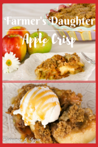 Farmer's Daughter Apple Crisp relies on simple, tasty ingredients that are farm-fresh to create a homey, comforting dessert. Serve warm with a scoop of vanilla ice cream and caramel drizzle. Recipe shared with permission granted by Peg Cochran, author of SOWED TO DEATH.