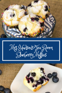 Mrs. Hudson's Tea Room Blueberry Muffins are tender vanilla cakes filled with juicy blueberries and topped with nutmeg-scented sugar for a crunchy contrast.