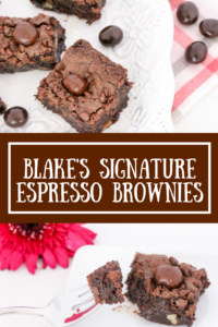 Blake's Signature Espresso Brownies are super rich, super gooey, and super delectable! Perfect for a mid-morning pick-me-up snack with a cup of coffee or after-dinner dessert with a cup of espresso! 