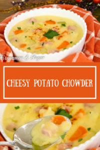 Cheesy Potato Chowder has plenty of vegetables and ham to make it a warm, comforting dish to serve before or after a chilly night of Trick-or-Treating!