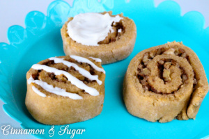 Cinnamon Roll-Overs Dog Treats are whole grain dog treats that are sweetened with a bit of honey and cinnamon then rolled up with finely chopped walnuts or pecans. Your dog will do lots of roll-overs to show you how much they love these yummy treats! 