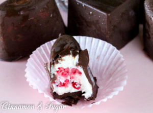 Creamy, tangy cheesecake is encased in luscious chocolate then frozen into mini bite-sized treats. The addition of fresh raspberries and Grand Marnier put these little Sin-in-a-Cup Frozen Cheesecake Bites over the top of deliciousness!