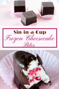 Creamy, tangy cheesecake is encased in luscious chocolate then frozen into mini bite-sized treats. The addition of fresh raspberries and Grand Marnier put these little Sin-in-a-Cup Frozen Cheesecake Bites over the top of deliciousness!