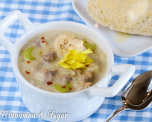 Warming and filling, the chunky potatoes give support to rich sausage and cream while simple egg dumplings add texture and substance. Potato Sausage Soup with Egg Dumplings is comfort in a bowl!