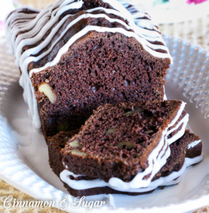 Sinfully Chocolate Tea Bread is a super easy to mix up quick bread. and a delightful treat that is perfect with a pot of tea! I loved the crunch of the walnuts with the dark chocolate bread while cake flour provides a nice light crumb. 