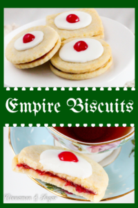 Empire Biscuits are flaky shortbread cookies that sandwich tart raspberry preserves and are then topped with sweet icing and colorful maraschino cherries. The perfect accompaniment to afternoon tea!