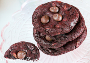 Red Velvet Crunchies has a cookie base of chocolate red velvet and a generous amount of chocolate chips added to the dough. Additional chocolate chips are pressed into the tops as soon as the cookies are done baking. These warm, gooey chocolate cookies will be a huge hit when served with an ice cold glass of milk.