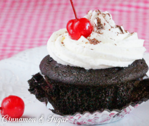Black Forest Cupcakes are rich, dark chocolate cupcakes and are supremely moist. But the surprise is the cherry filling hiding beneath mounds of fluffy vanilla buttercream that puts the flavor of these treats over the top!