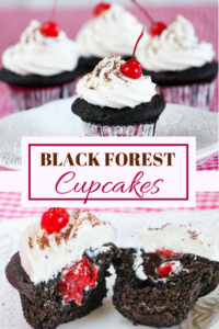 Black Forest Cupcakes are rich, dark chocolate cupcakes and are supremely moist. But the surprise is the cherry filling hiding beneath mounds of fluffy vanilla buttercream that puts the flavor of these treats over the top!