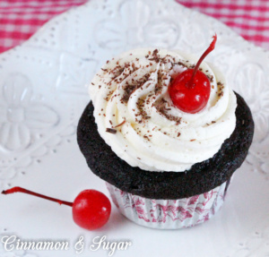 Black Forest Cupcakes are rich, dark chocolate cupcakes and are supremely moist. But the surprise is the cherry filling hiding beneath mounds of fluffy vanilla buttercream that puts the flavor of these treats over the top!