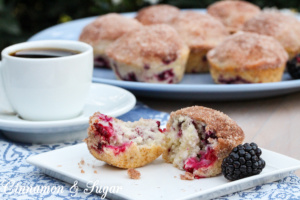 Not only are these blackberry muffins super quick and easy to mix up, they are utterly delicious from the crunchy, cinnamon-y topping to the jammy pieces of tart blackberries baked into the sweet, light-crumbed bread.