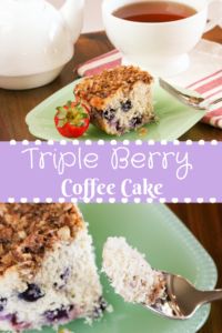 Triple Berry Coffee Cake is a tender cake that's chock-full of juicy, ripe berries. The addition of warm spices and a crumbly topping provides added flavor!