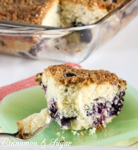 Lara's Blueberry Buckle pairs sweet, ripe blueberries with tender, moist cake. A struesel topping adds delightful texture and taste to this summery dessert!