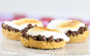 S'more Tartlets use graham cracker crumbs pressed into a mini muffin tin, topped with chocolate candy & marshmallows creating a twist on this summer campfire treat!