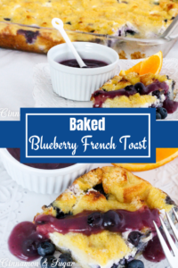 Rich & satisfying with eggs, dairy, and blueberries and topped with a warm blueberry sauce, Baked Blueberry French Toast is a delicious make-ahead dish! 