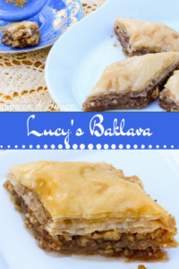 Lucy's Baklava combine layers of buttery phyllo dough, crunchy walnuts laced with cinnamon, and lemon-scented syrup to create a memorable dessert!