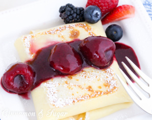 With components that quickly mix up using a blender, Moorehaven’s Mouthwatering Blintzes includes a sweet cheese filling and a fresh berry sauce. 