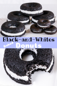 Black-and-Whites Baked Donuts are rich, super chocolately donuts with a creamy filling, reminiscent of everyone's favorite chocolate sandwich cookies. 